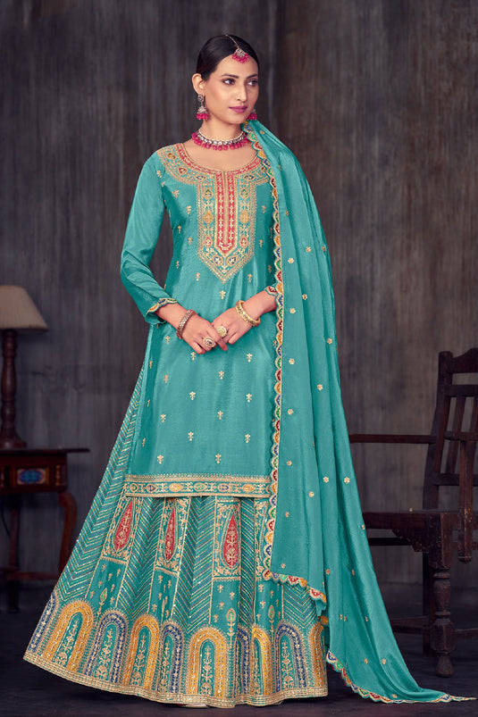 Chinon Fabric Embroidered Cyan Color Sharara Top Lehenga For Function