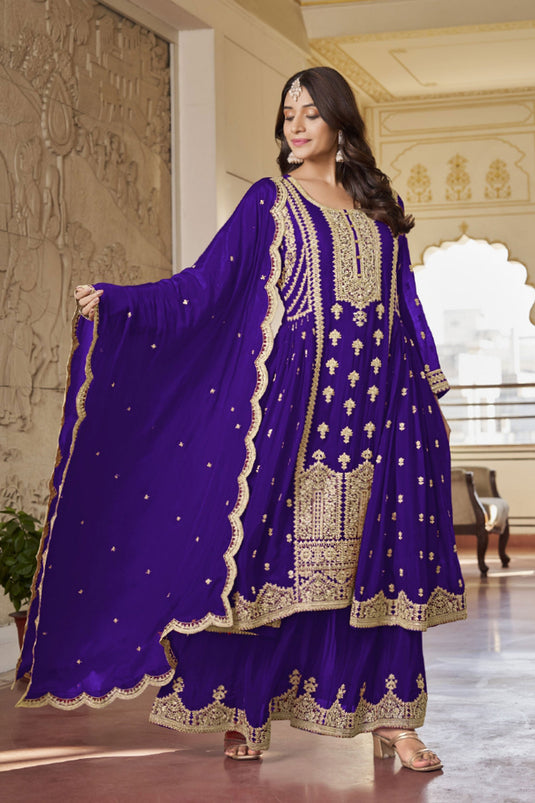Exclusive Purple Color Readymade Palazzo Suit In Chinon Fabric