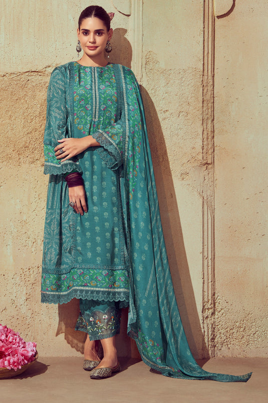 Excellent Muslin Fabric Dark Cyan Color Festive Look Salwar Suit
