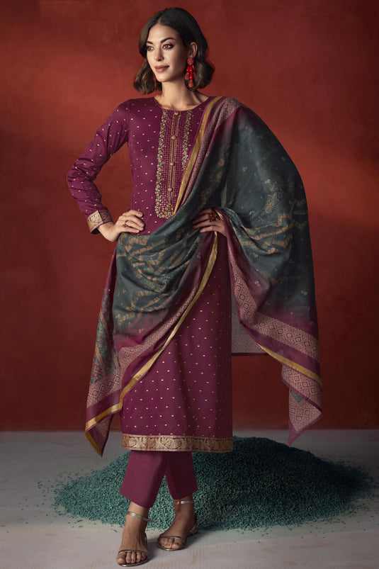 Viscose Fabric Embroidered Beatific Salwar Suit In Maroon Color