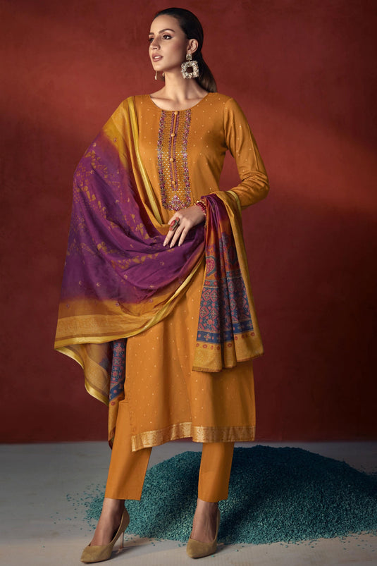 Embroidered Mustard Color Inventive Salwar Suit In Viscose Fabric