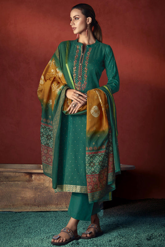 Green Color Viscose Fabric Alluring Embroidered Salwar Suit