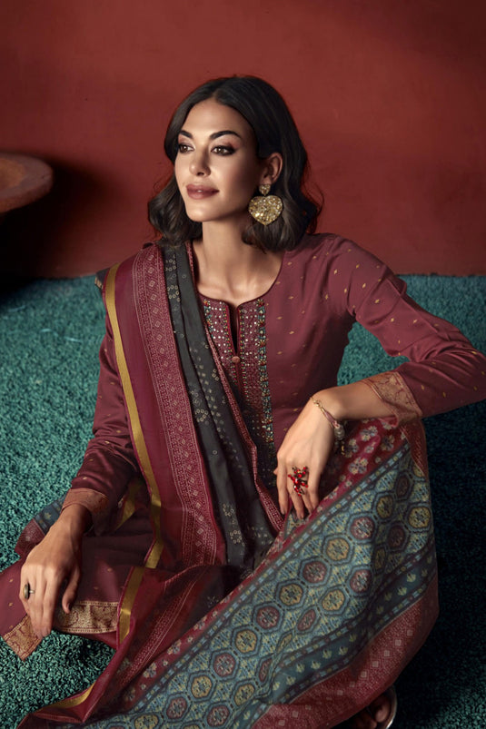 Viscose Fabric Brown Color Embroidered Elegant Salwar Suit