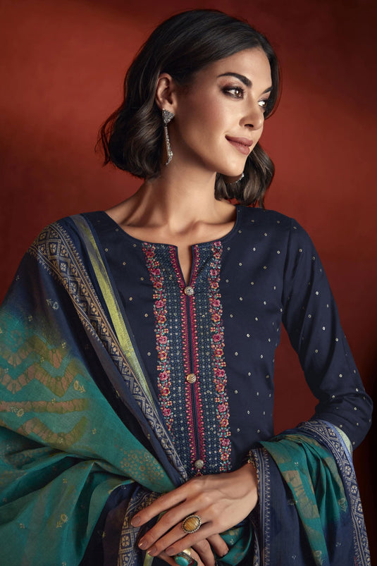 Viscose Fabric Embroidered Lovely Salwar Suit In Navy Blue Color