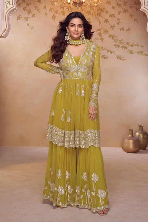 Chinon Fabric Mustard Party Wear Readymade Palazzo Suit