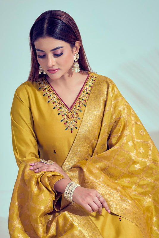Radiant Yellow Color Art Silk Fabric Festive Style Salwar Suit