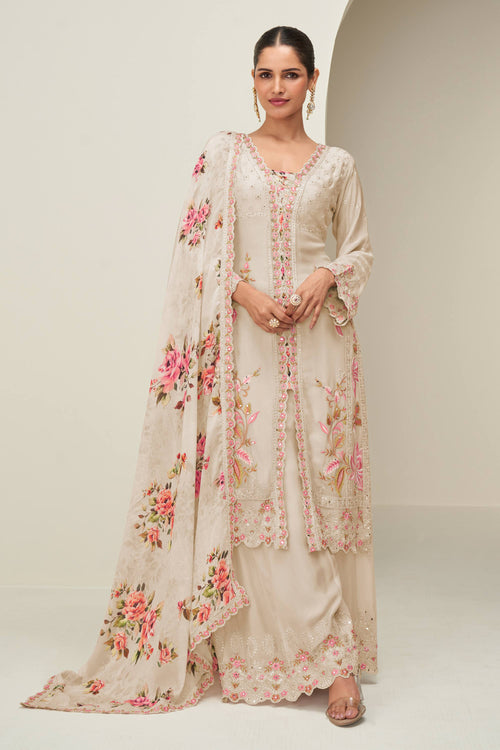 Chinon Silk Embroidered Beige Readymade Palazzo Suit For Sangeet Wear