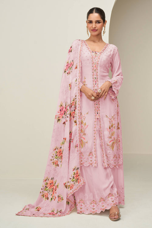 Pink Sangeet Wear Embroidered Chinon Silk Readymade Palazzo Suit