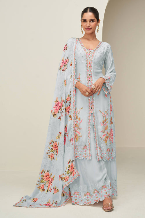 Chinon Silk Grey Embroidered Readymade Palazzo Suit With Dupatta For Sangeet Wear