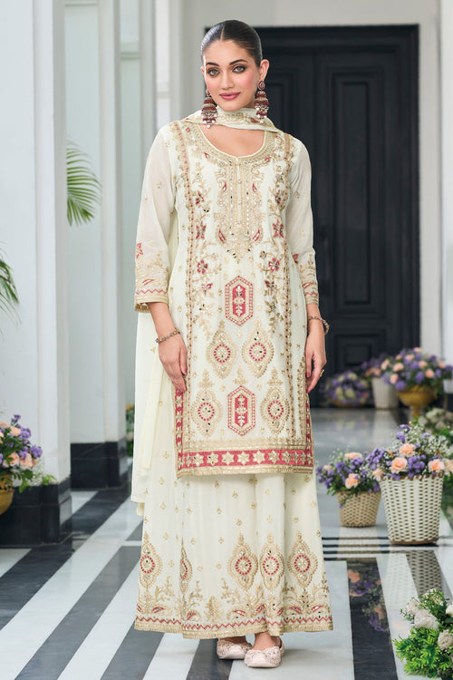 Lovely White Embroidery Work Readymade Palazzo Salwar Kameez