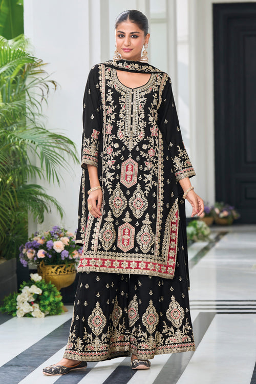 Chinon Embroidered Black Readymade Palazzo Suit