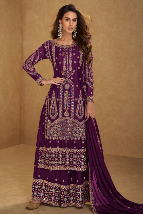 Purple Chinon Embroidered Readymade Palazzo Salwar Kameez