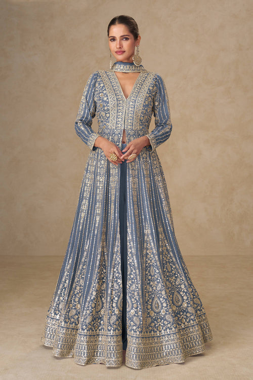 Embroidered Chinon Silk Teal Readymade Anarkali Salwar Suit For Festive Wear