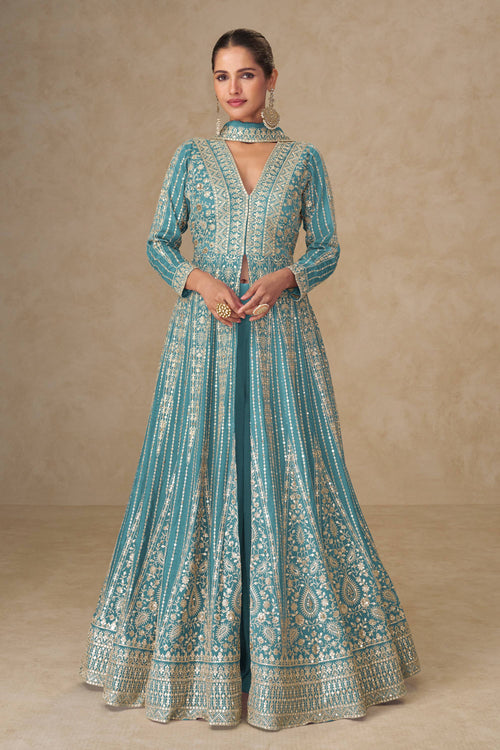 Teal Festive Wear Embroidered Chinon Silk Readymade Anarkali Salwar Suit