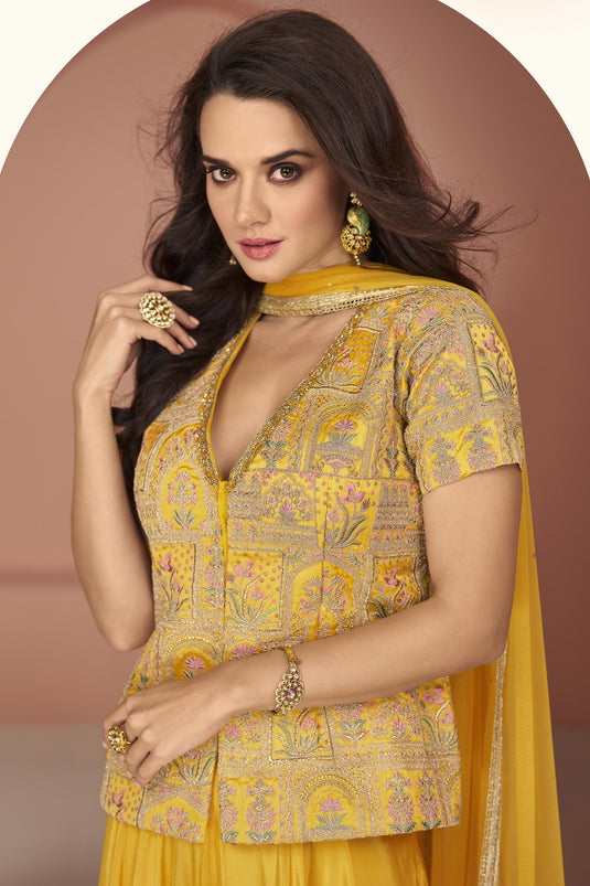 Yellow Embroidered Readymade Designer Indo Western Palazzo Suit