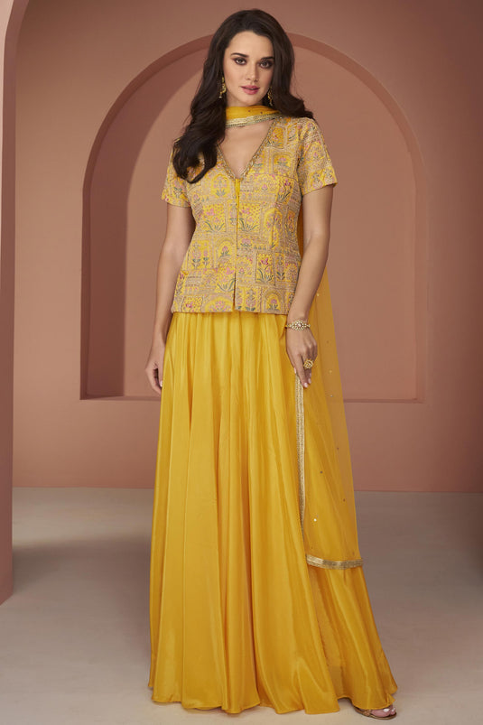 Yellow Embroidered Readymade Designer Indo Western Palazzo Suit