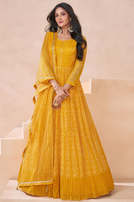 Sushrii Mishraa Engaging Yellow Color Georgette Fabric Anarkali Suit