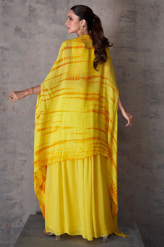 Diksha Singh Glamorous Yellow Color Georgette Readymade Indo Western Palazzo With Shrug