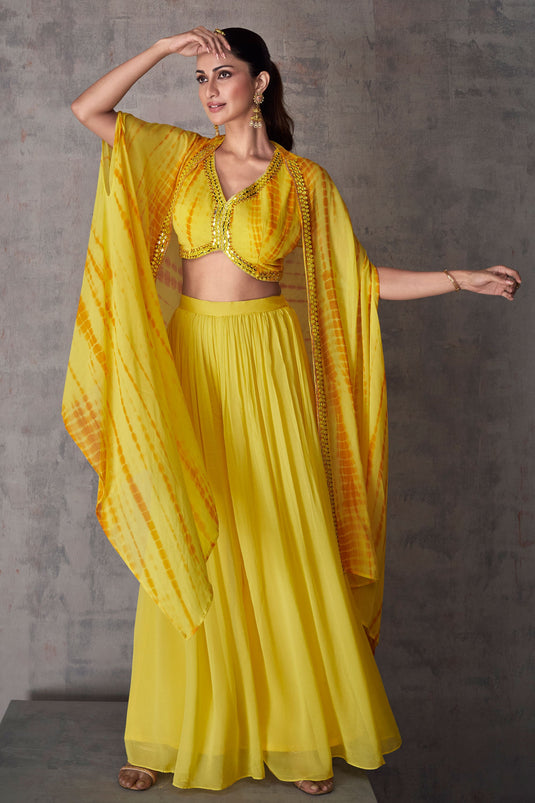 Diksha Singh Glamorous Yellow Color Georgette Readymade Indo Western Palazzo With Shrug