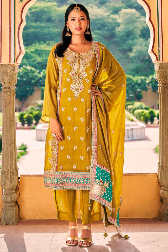 Entrancing Chinon Fabric Readymade Salwar Suit In Mustard Color