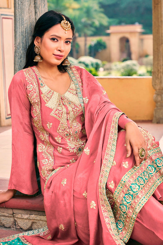 Mesmeric Pink Color Readymade Salwar Suit In Chinon Fabric