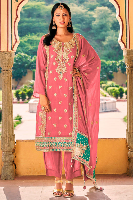 Mesmeric Pink Color Readymade Salwar Suit In Chinon Fabric