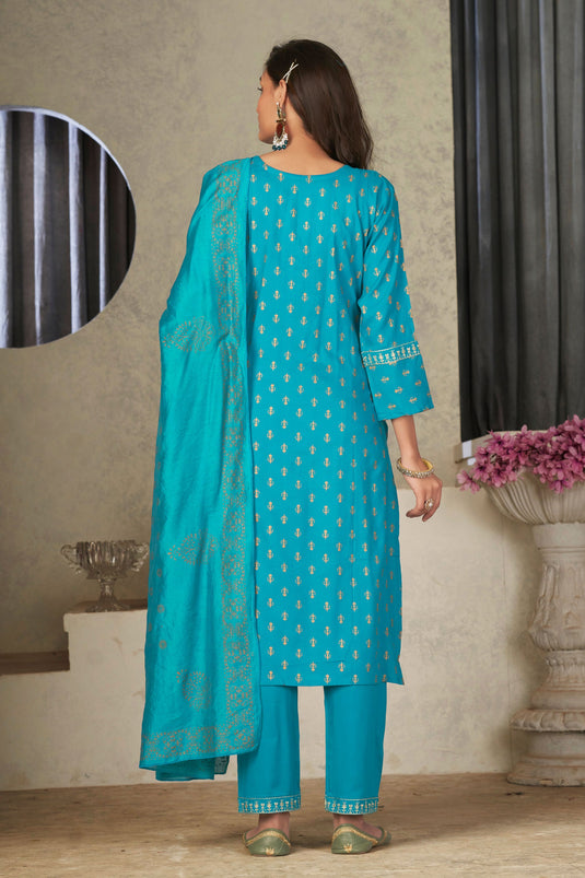 Festive Wear Captivating Rayon Fabric Readymade Salwar Suit In Cyan Color