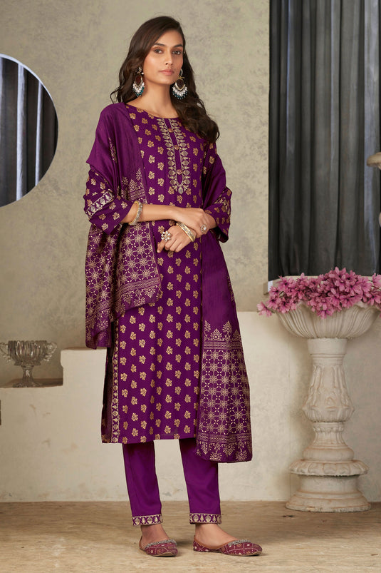 Festive Wear Awesome Rayon Fabric Readymade Salwar Suit In Purple Color