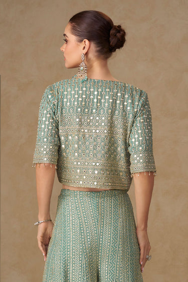 Georgette Sea Green Indo Western Readymade Palazzo With Short Top And Jacket