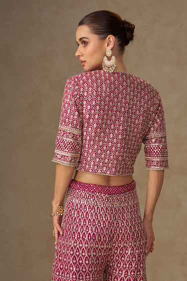 Georgette Magenta Embroidered Readymade Indo Western Palazzo With Short Top And Jacket