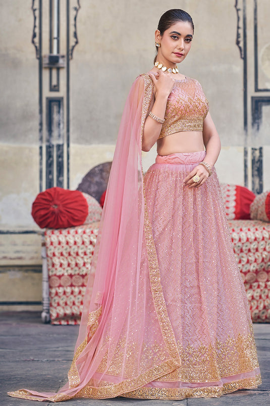 Pink Color Function Wear Net Fabric Charismatic Lehenga