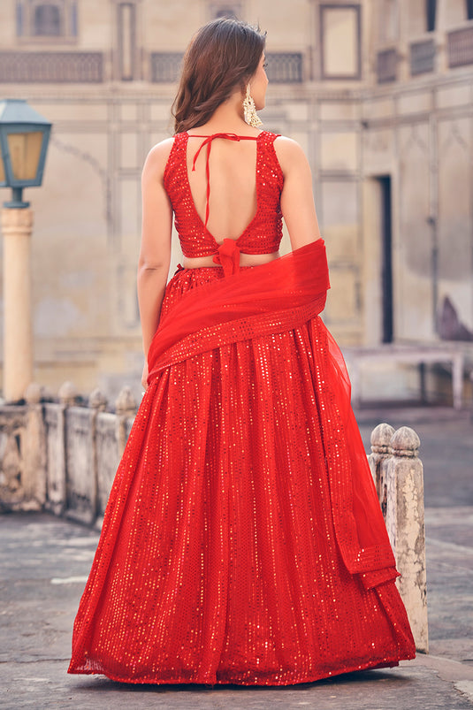 Beguiling Sequins Work On Red Color Georgette Fabric Lehenga