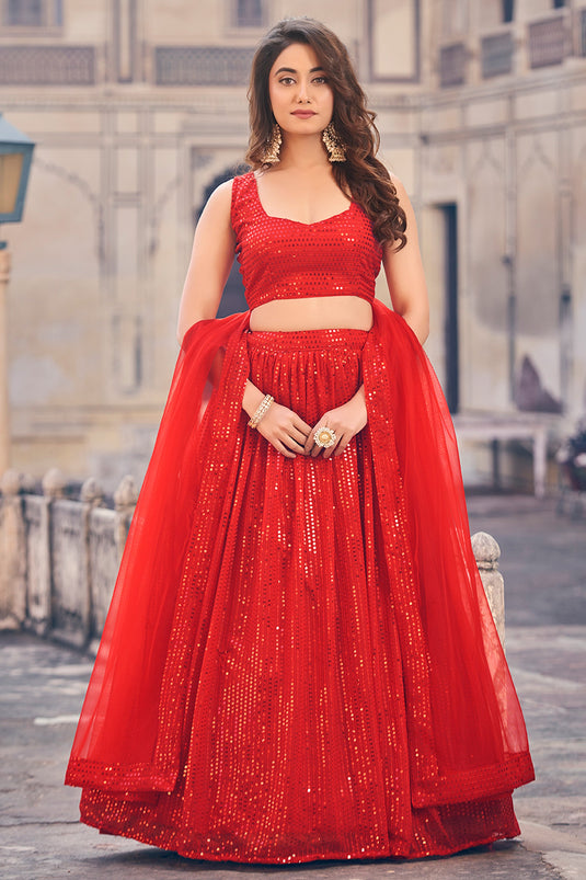 Beguiling Sequins Work On Red Color Georgette Fabric Lehenga