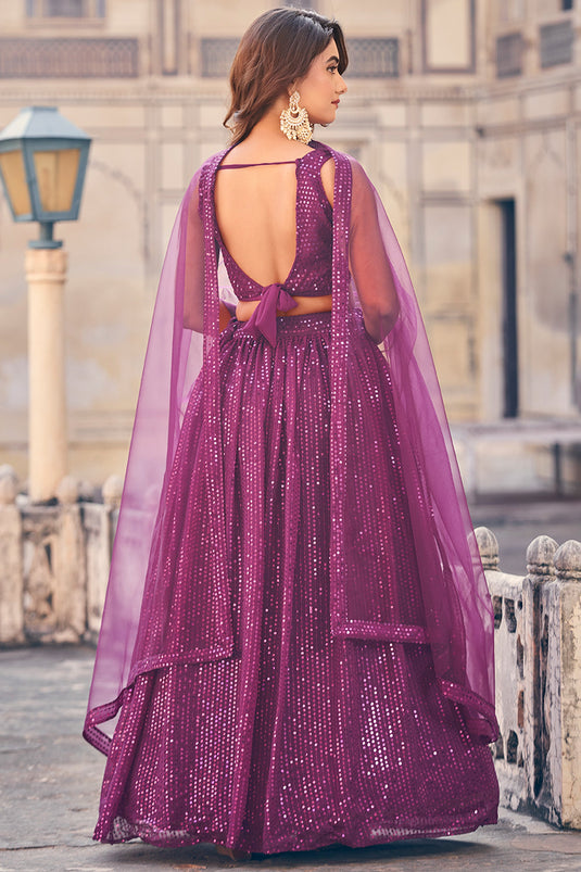 Incredible Sequins Work On Georgette Fabric Purple Color Lehenga