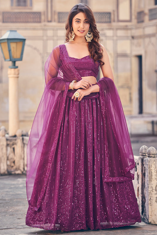 Incredible Sequins Work On Georgette Fabric Purple Color Lehenga