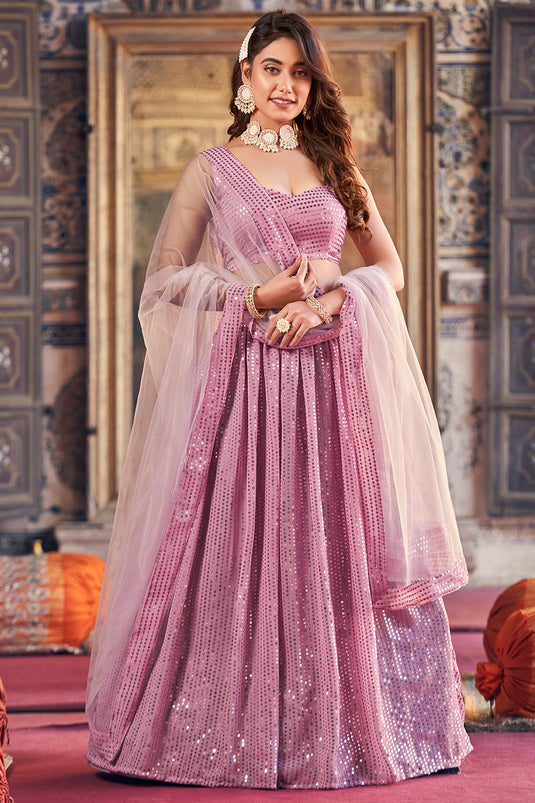 Classic Sequins Work On Pink Color Lehenga In Georgette Fabric