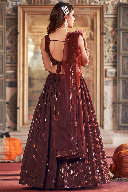 Creative Sequins Work On Lehenga In Brown Color Georgette Fabric