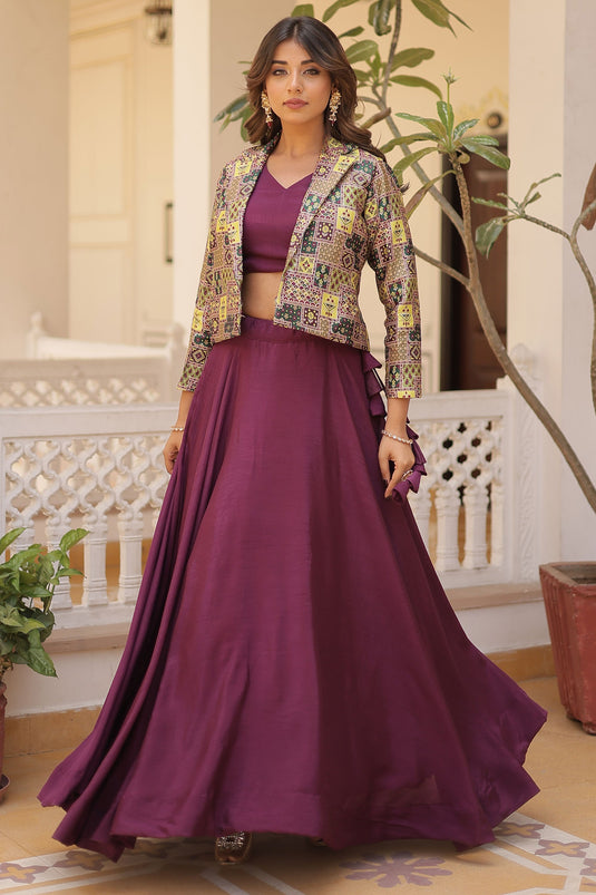 Fabulous Chinon Fabric Wine Color Readymade Lehenga Choli With Koti