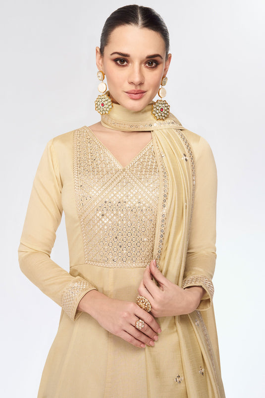 Eugeniya Belousova Art Silk Fabric Luminous Readymade Gown With Dupatta In Beige Color