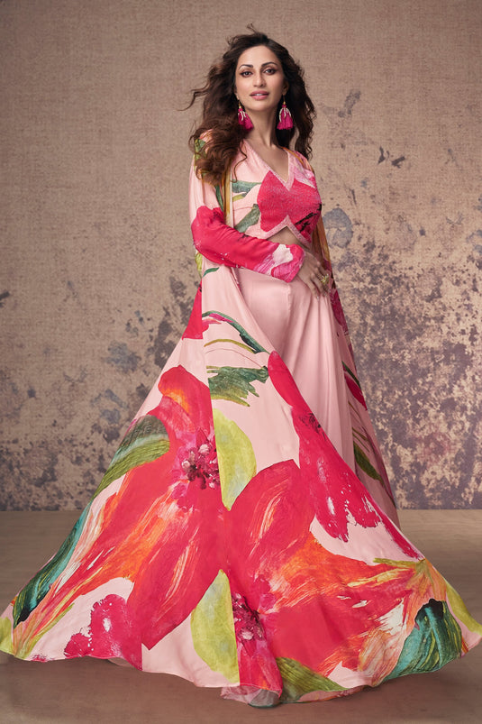 Diksha Singh Crepe Silk Pink Color Glamorous Readymade Palazzo Suit With Koti