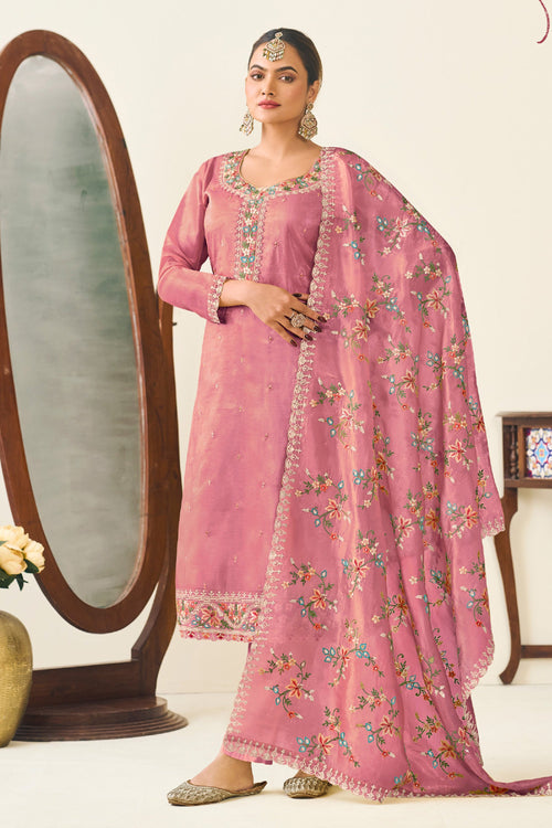 Pink Color Art Silk Fabric Designer Straight Cut Suit