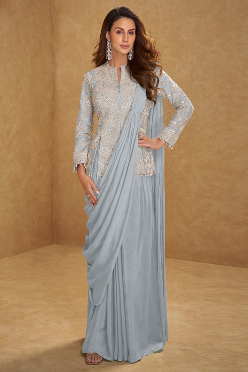 Elegant Grey Party Wear Pre Draped Saree With Embroidered Jacket