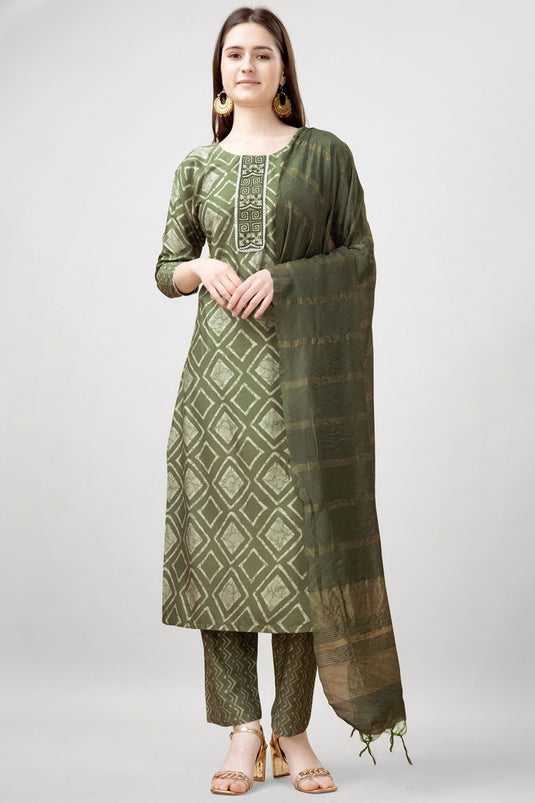 Rayon Fabric Olive Green Color Readymade Salwar Suit With Winsome Printed Work