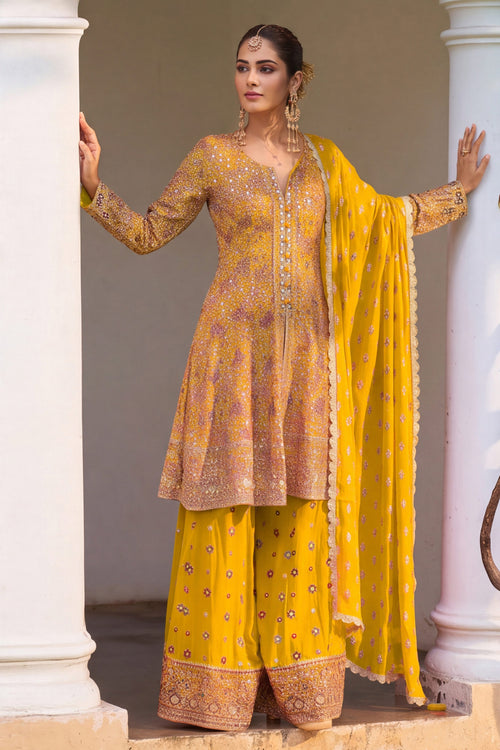 Yellow Zari Embroidered Georgette Sharara Suit