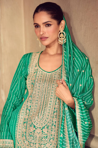 Green Chinon Embroidered Readymade Sharara Salwar Kameez
