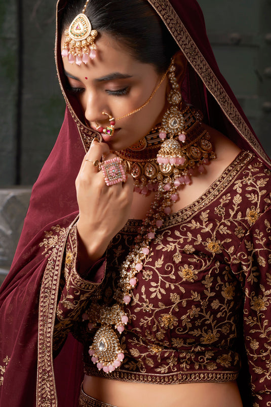 Georgette Fabric Maroon Color Beatific Look  Bridal Lehenga