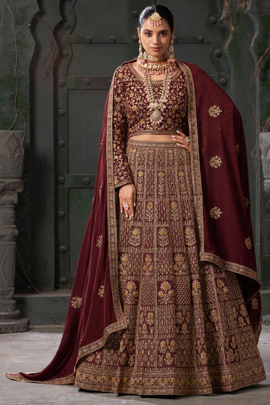 Georgette Fabric Maroon Color Beatific Look  Bridal Lehenga