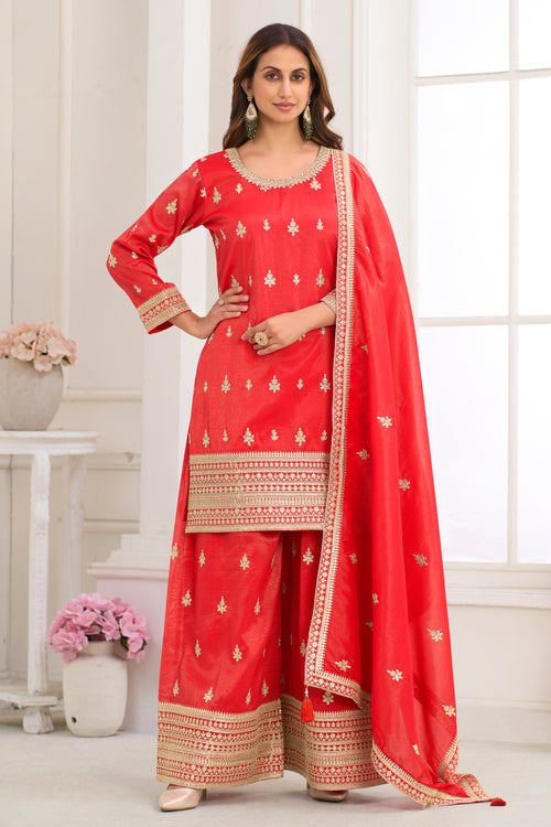 Elegant Red Art Silk Embroidered Readymade Palazzo Salwar Kameez