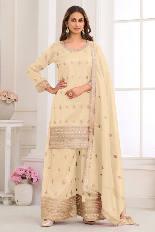 Designer Beige Festive Wear Embroidered Readymade Palazzo Suit