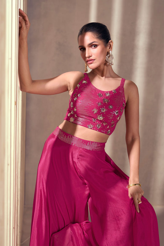 Vartika Singh Radiant Rani Pink Color Chinon Silk Readymade Crop Top with Palazzo Set